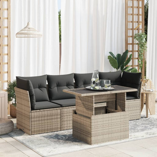 5-delige Loungeset met kussens poly rattan grijs