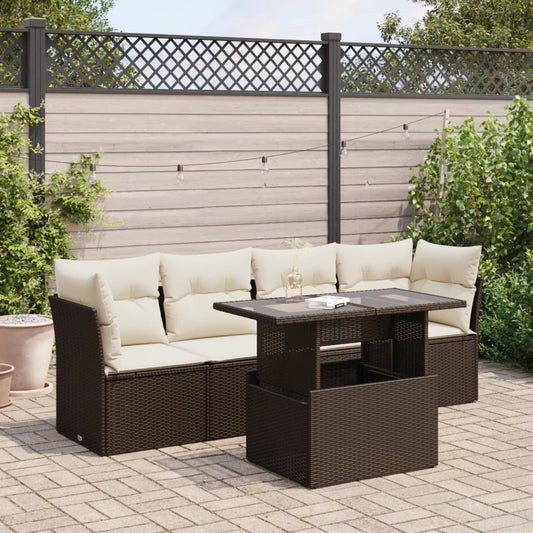 5-delige Loungeset met kussens poly rattan bruin