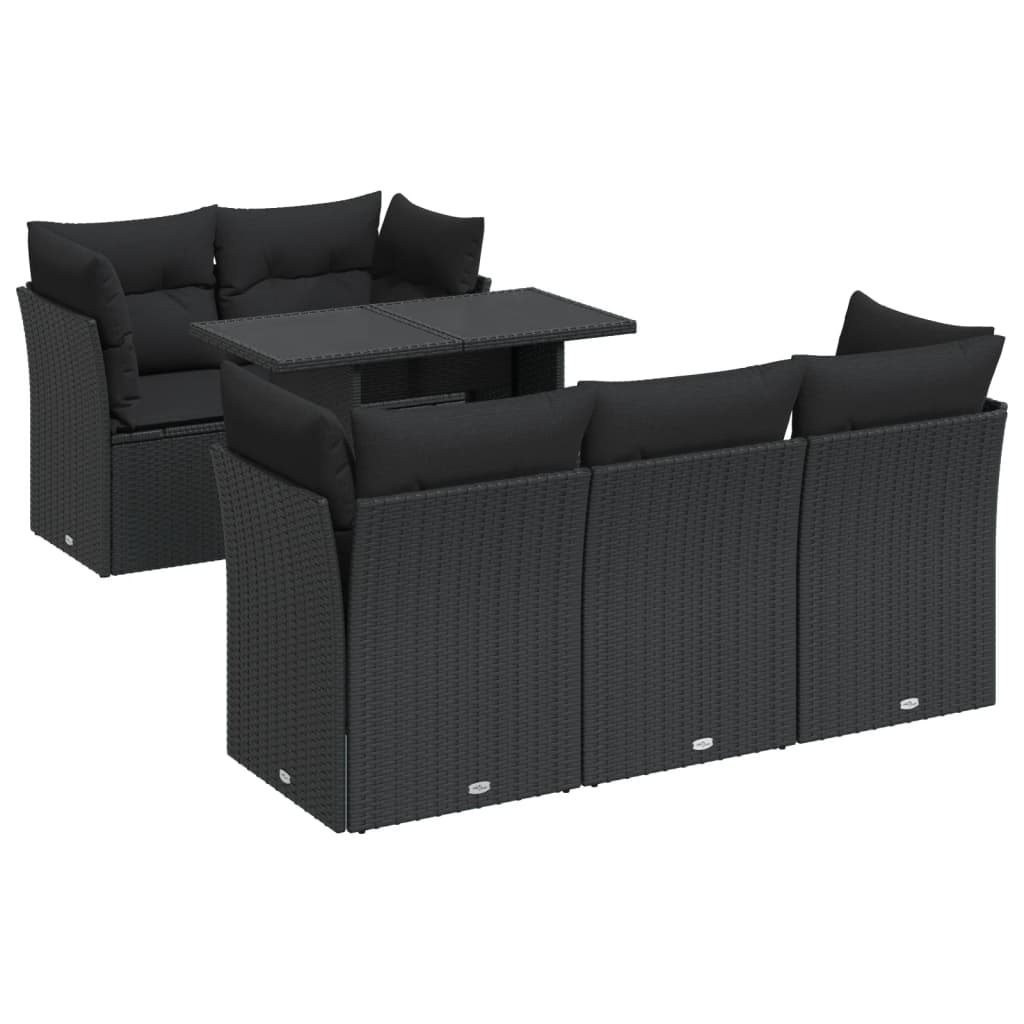 6-delige Loungeset met kussens poly rattan zwart