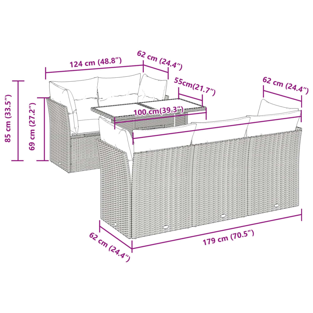 6-delige Loungeset met kussens poly rattan zwart