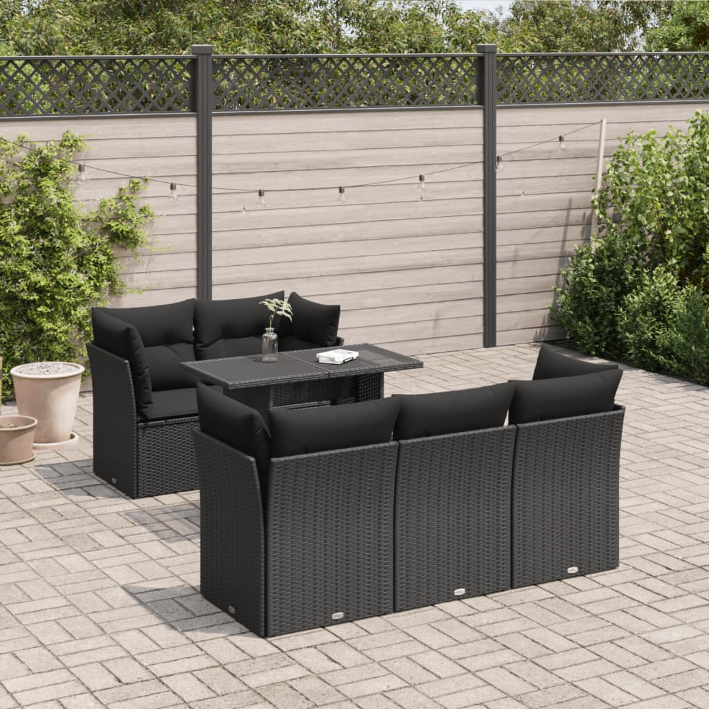 6-delige Loungeset met kussens poly rattan zwart