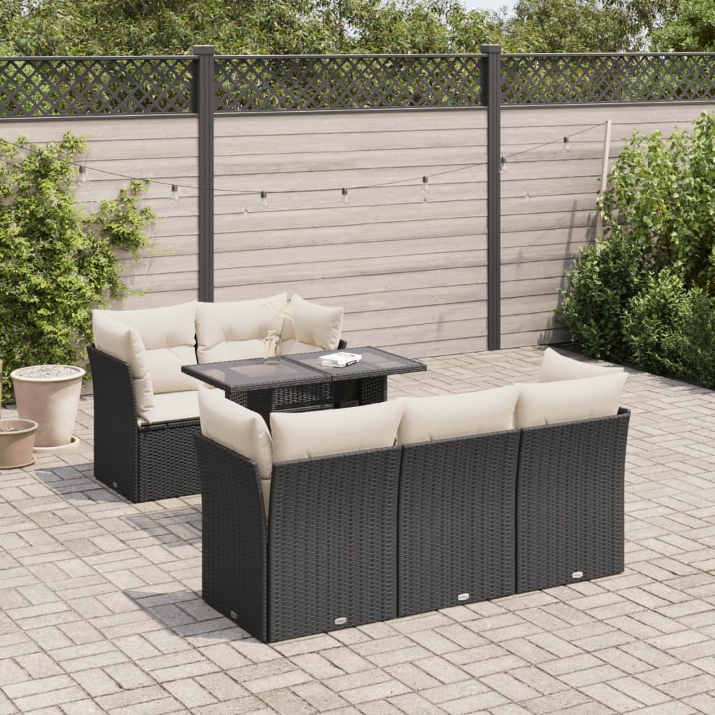 6-delige Loungeset met kussens poly rattan zwart