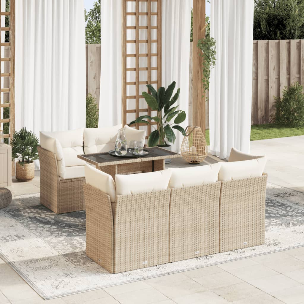 6-delige Loungeset met kussens poly rattan beige