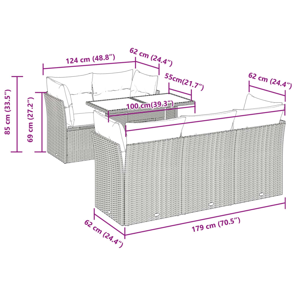 6-delige Loungeset met kussens poly rattan lichtgrijs