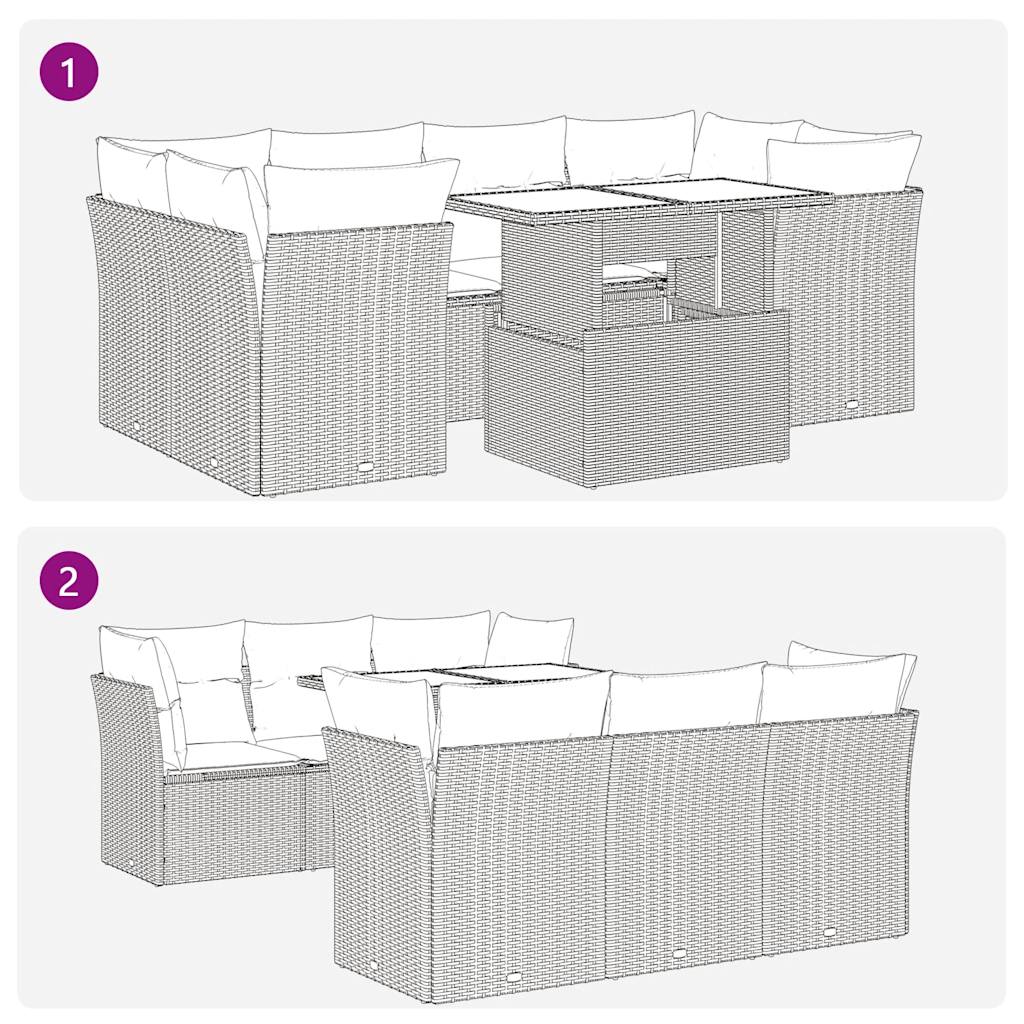 7-delige Loungeset met kussens poly rattan zwart