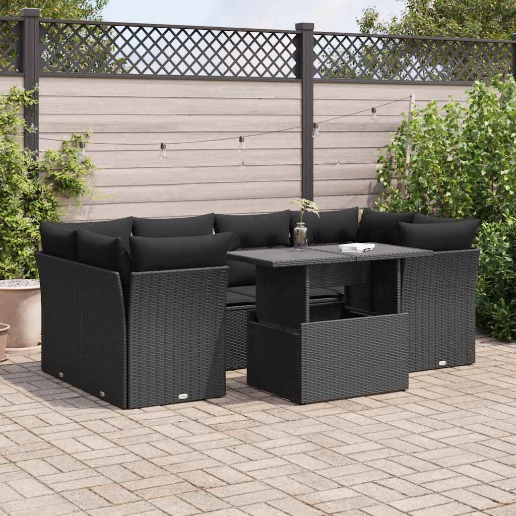 7-delige Loungeset met kussens poly rattan zwart