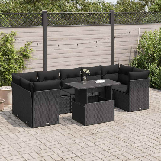 8-delige Loungeset met kussens poly rattan zwart