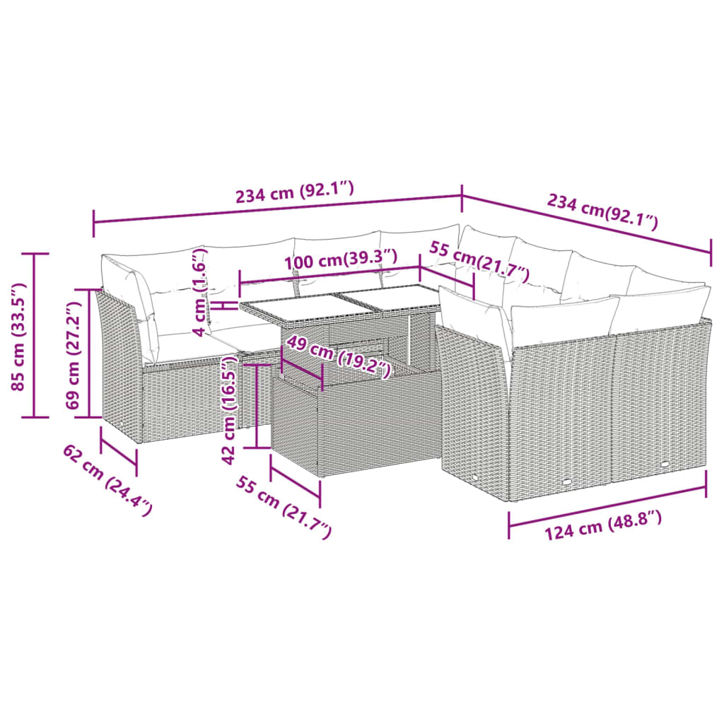 9-delige Loungeset met kussens poly rattan zwart