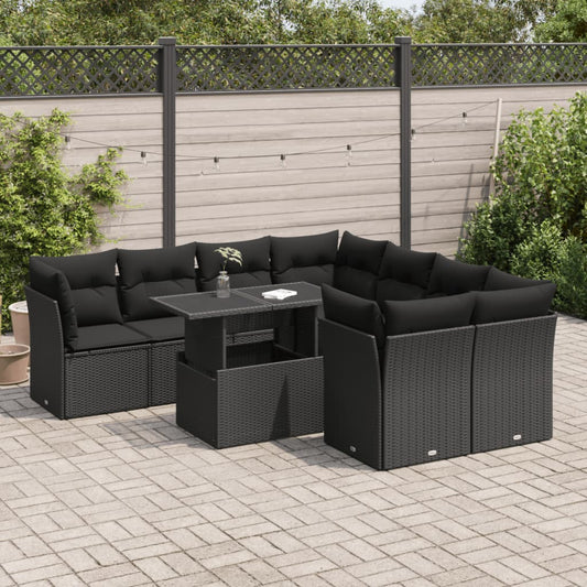 9-delige Loungeset met kussens poly rattan zwart