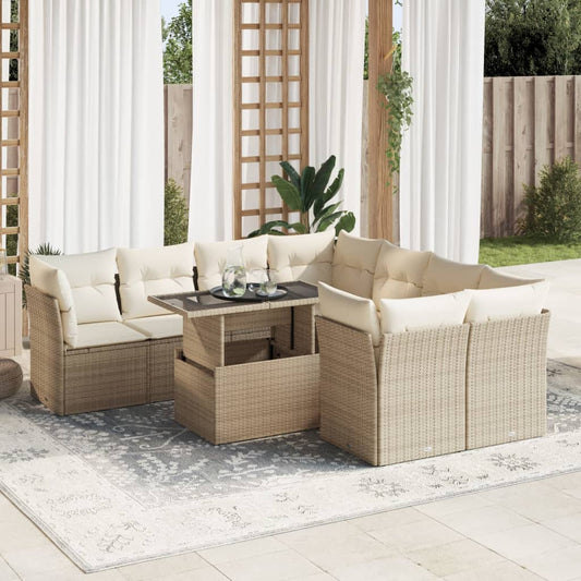 9-delige Loungeset met kussens poly rattan beige