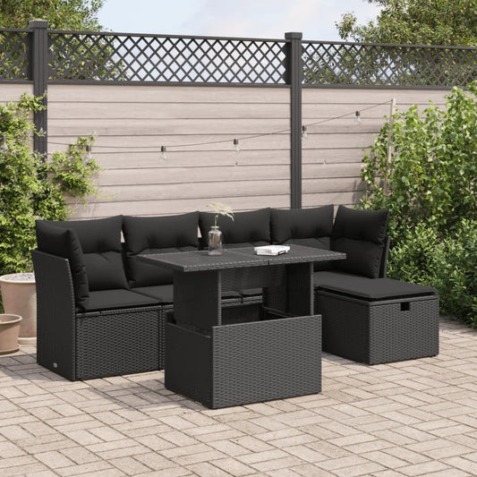 6-delige Loungeset met kussens poly rattan zwart