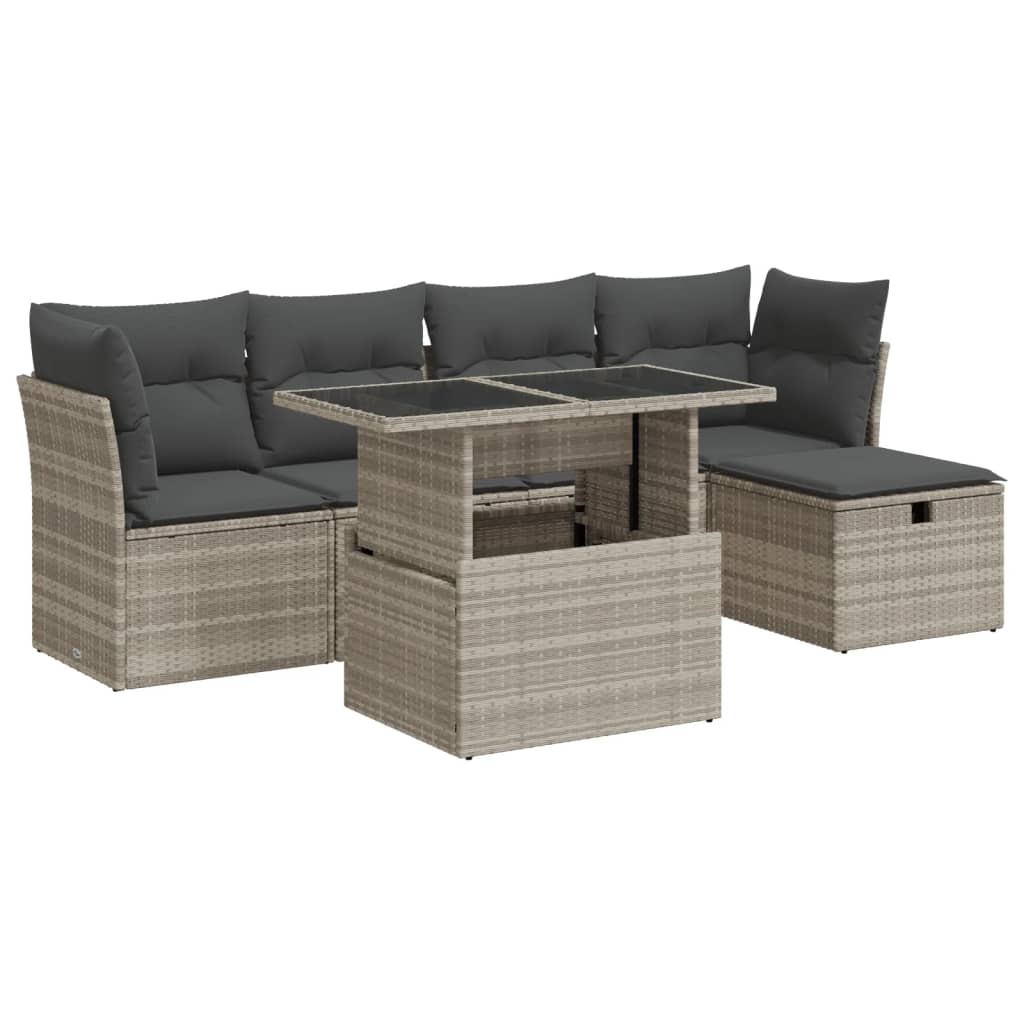 6-delige Loungeset met kussens poly rattan lichtgrijs