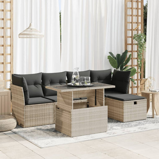 6-delige Loungeset met kussens poly rattan lichtgrijs