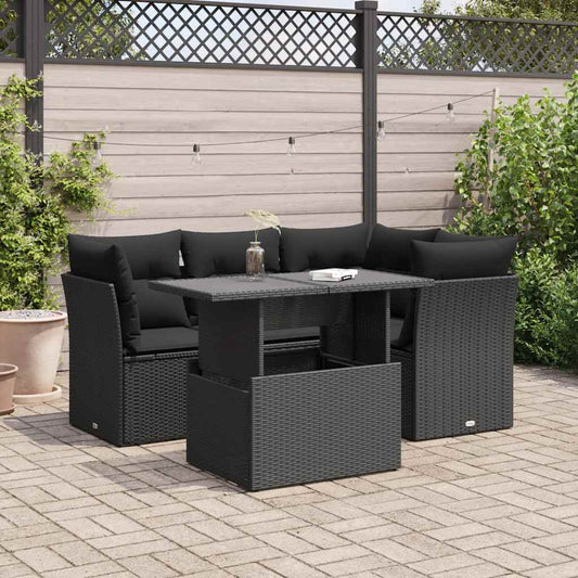 5-delige Loungeset met kussens poly rattan zwart