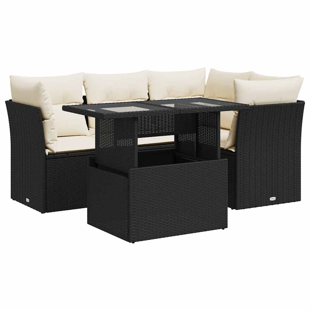 5-delige Loungeset met kussens poly rattan zwart