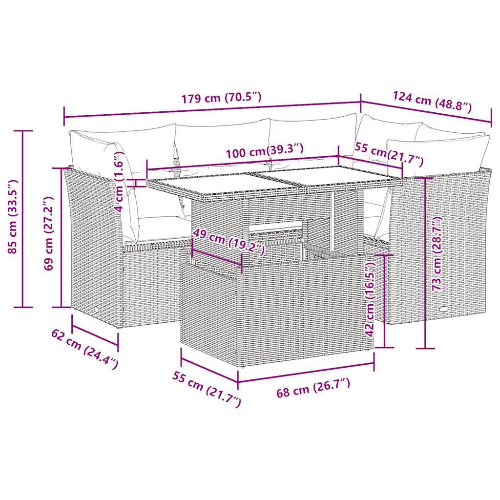 5-delige Loungeset met kussens poly rattan zwart