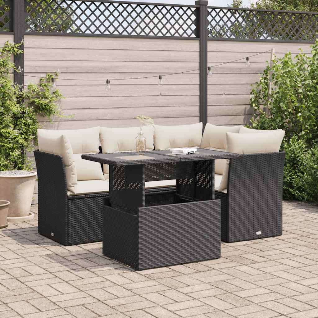 5-delige Loungeset met kussens poly rattan zwart