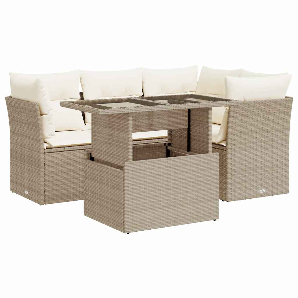 5-delige Loungeset met kussens poly rattan beige