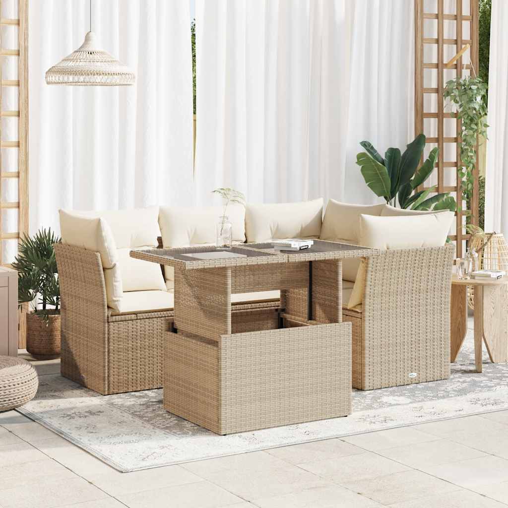 5-delige Loungeset met kussens poly rattan beige