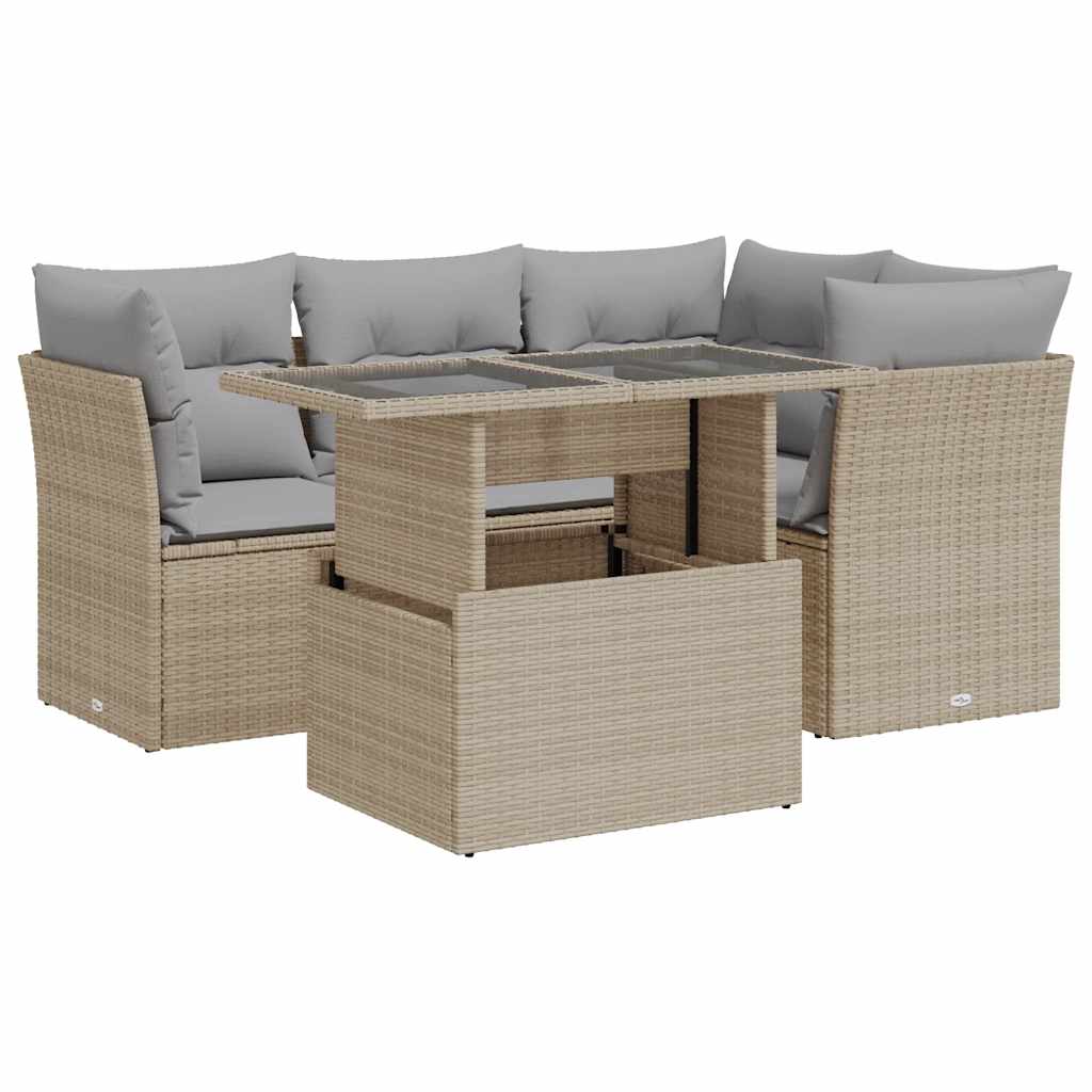 5-delige Loungeset met kussens poly rattan beige