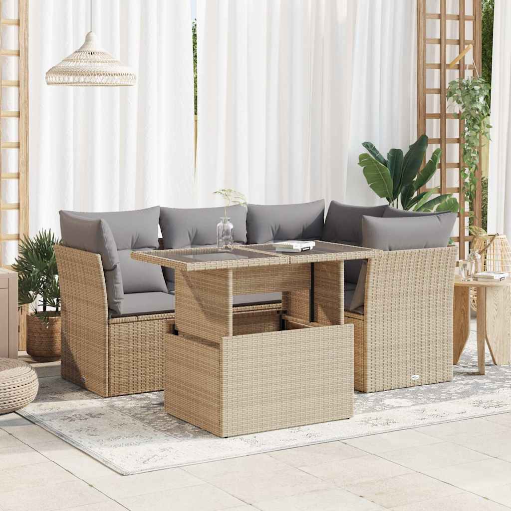 5-delige Loungeset met kussens poly rattan beige