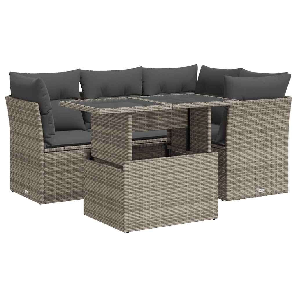 5-delige Loungeset met kussens poly rattan grijs