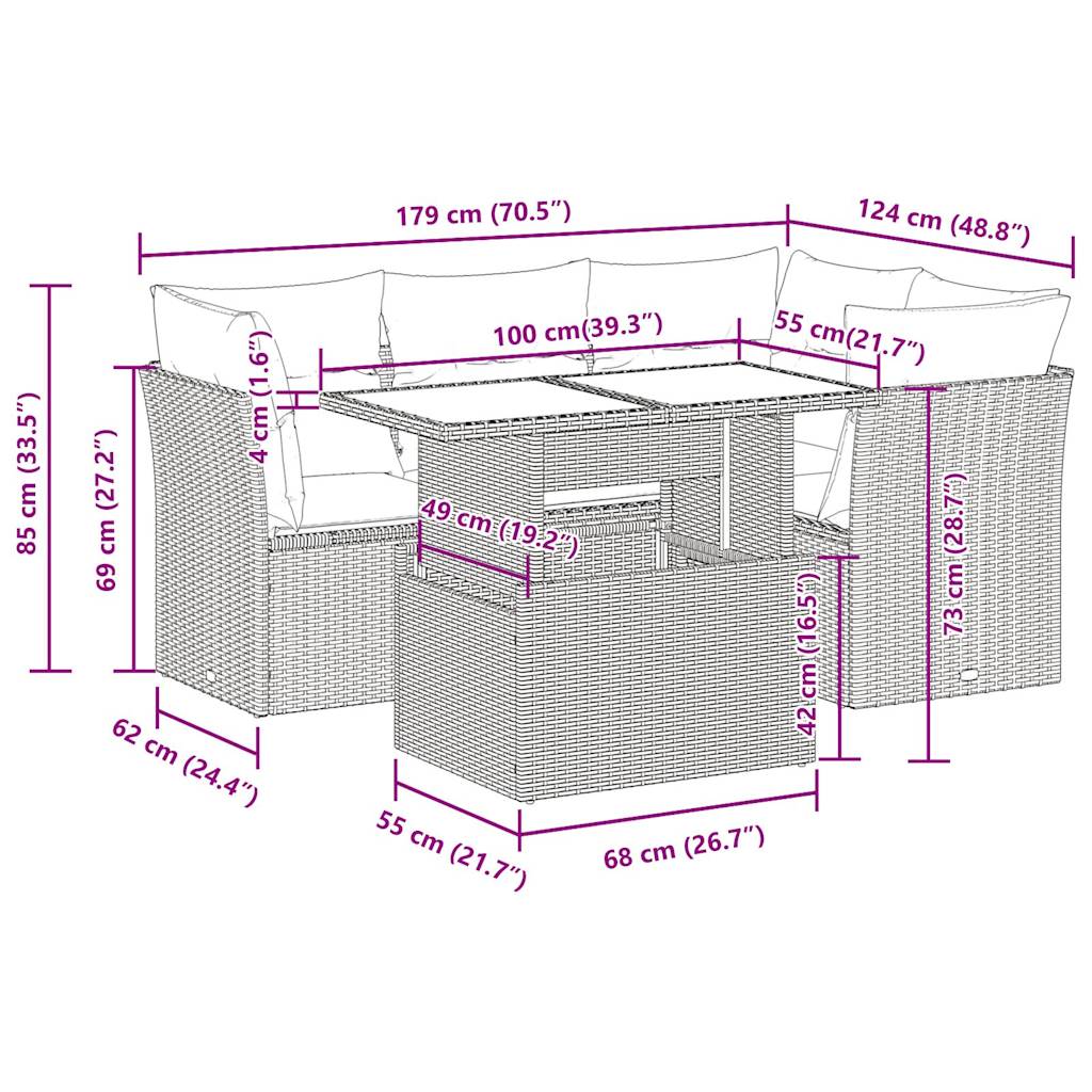 5-delige Loungeset met kussens poly rattan grijs