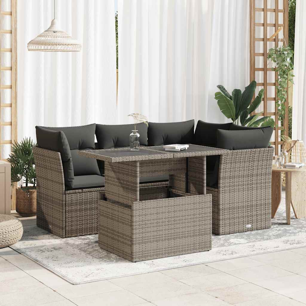 5-delige Loungeset met kussens poly rattan grijs