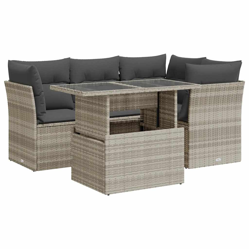 5-delige Loungeset met kussens poly rattan lichtgrijs