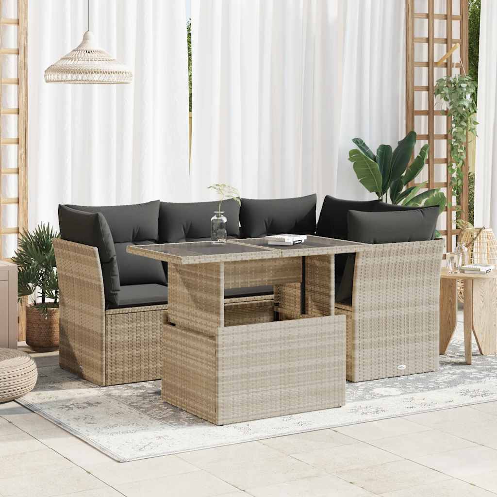 5-delige Loungeset met kussens poly rattan lichtgrijs