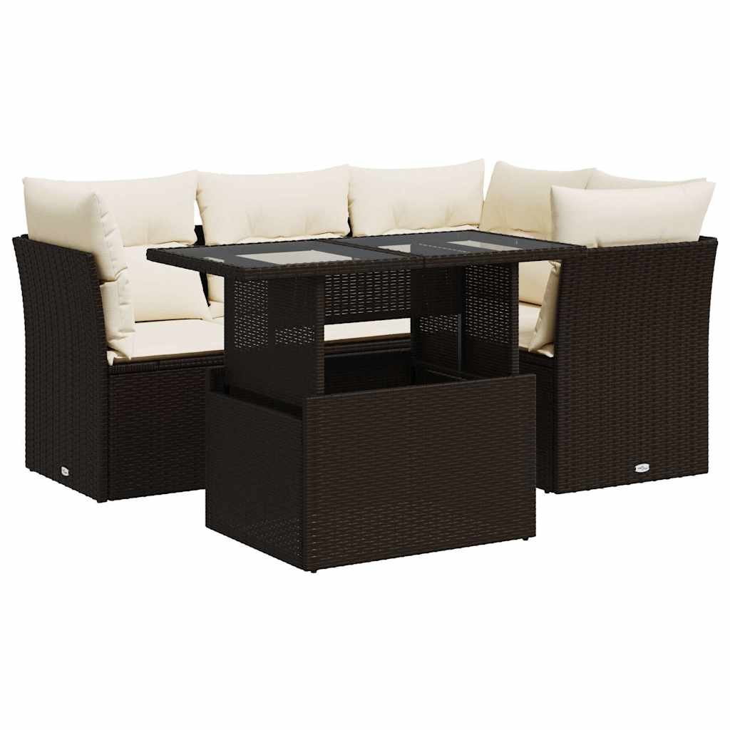 5-delige Loungeset met kussens poly rattan bruin