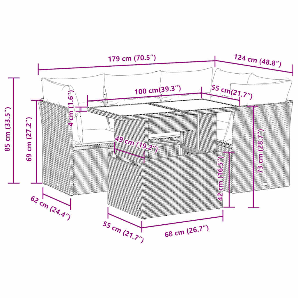 5-delige Loungeset met kussens poly rattan bruin