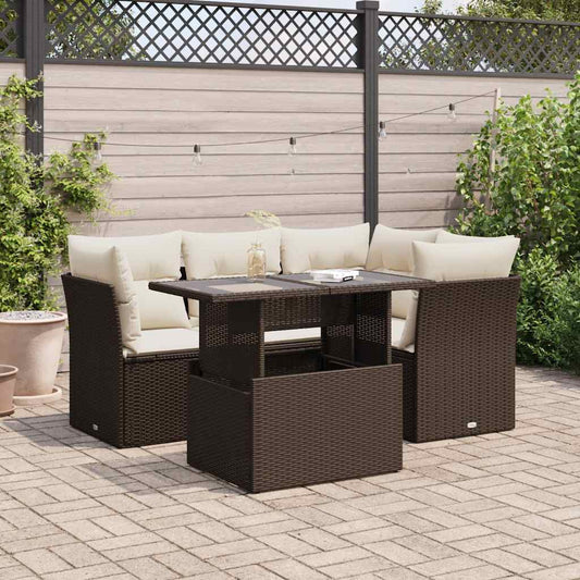 5-delige Loungeset met kussens poly rattan bruin