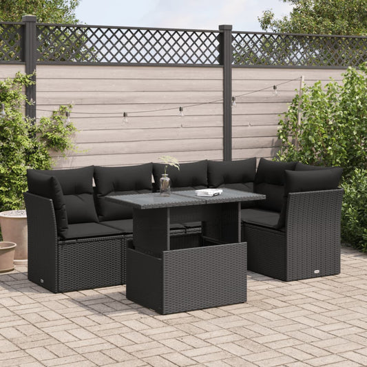 6-delige Loungeset met kussens poly rattan zwart