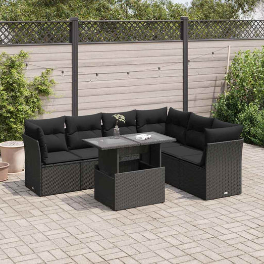 7-delige Loungeset met kussens poly rattan zwart