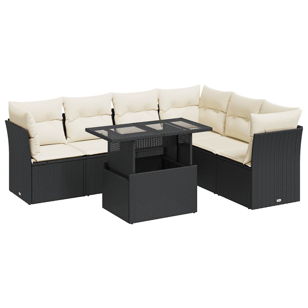 7-delige Loungeset met kussens poly rattan zwart