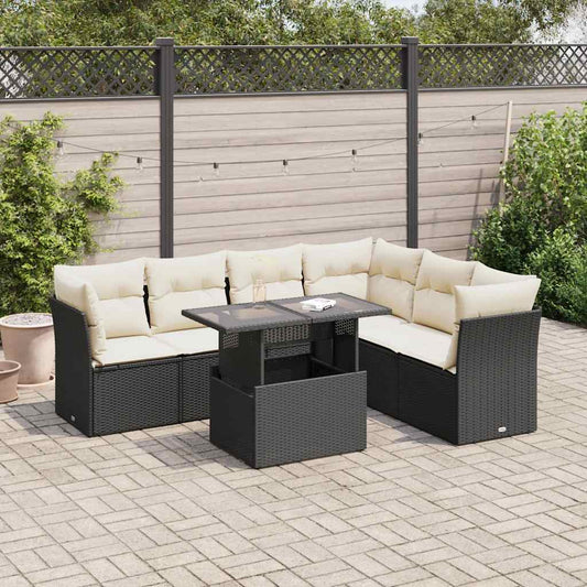 7-delige Loungeset met kussens poly rattan zwart