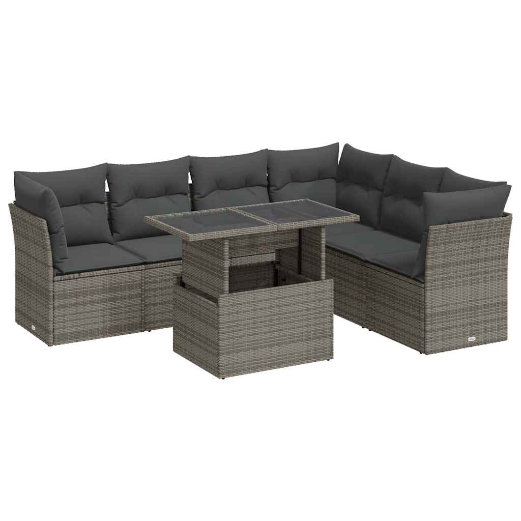 7-delige Loungeset met kussens poly rattan grijs