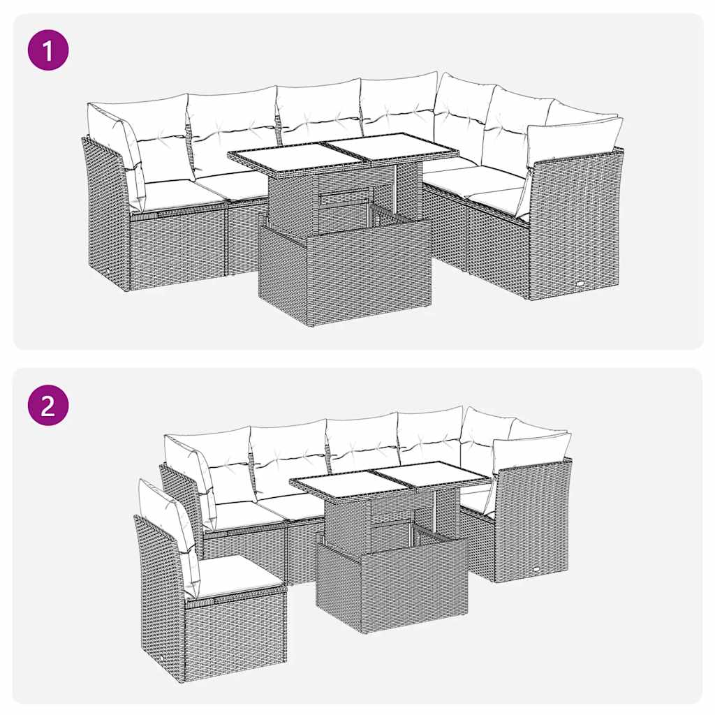 7-delige Loungeset met kussens poly rattan grijs