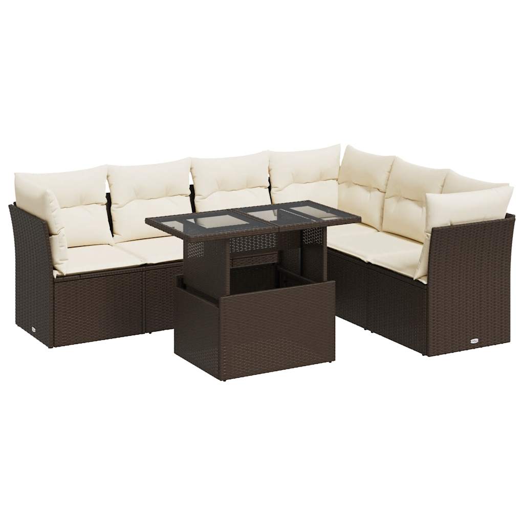 7-delige Loungeset met kussens poly rattan bruin