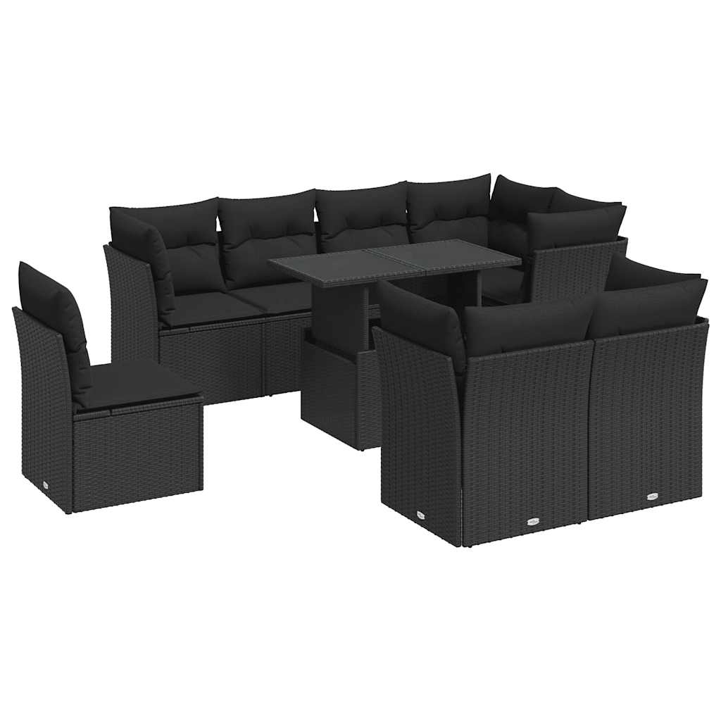 9-delige Loungeset met kussens poly rattan zwart