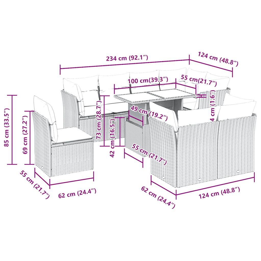 9-delige Loungeset met kussens poly rattan zwart