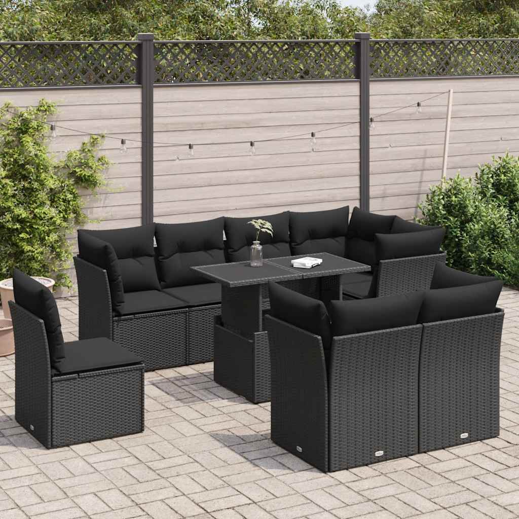 9-delige Loungeset met kussens poly rattan zwart