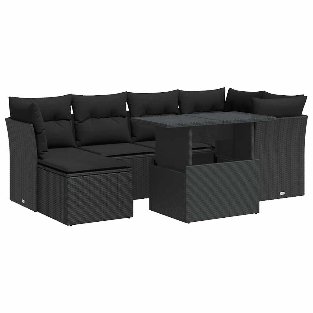 7-delige Loungeset met kussens poly rattan zwart