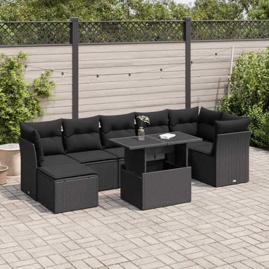 8-delige Loungeset met kussens poly rattan zwart