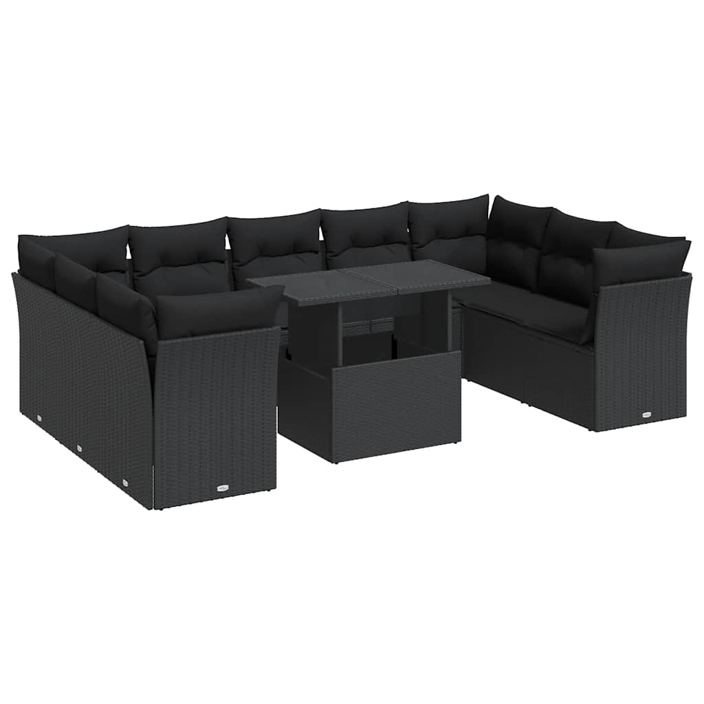 10-delige Loungeset met kussens poly rattan zwart