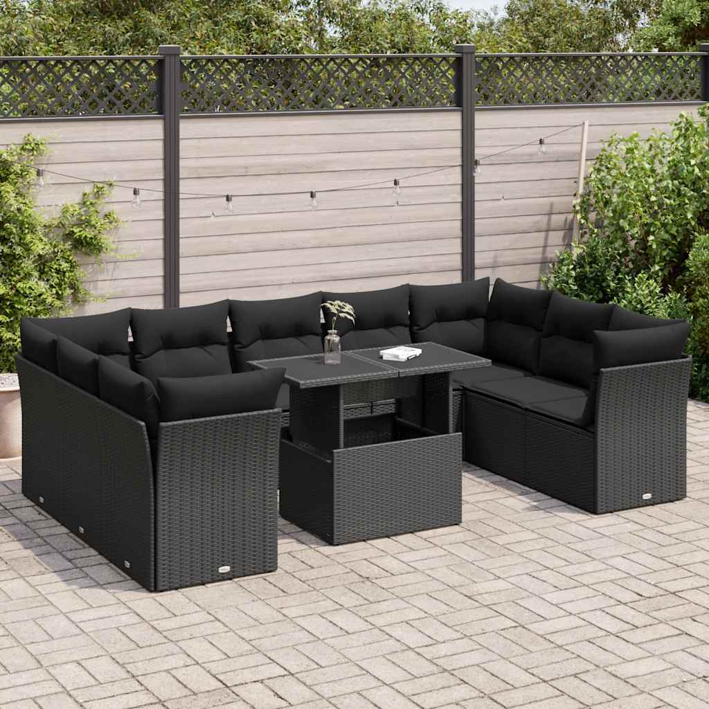 10-delige Loungeset met kussens poly rattan zwart