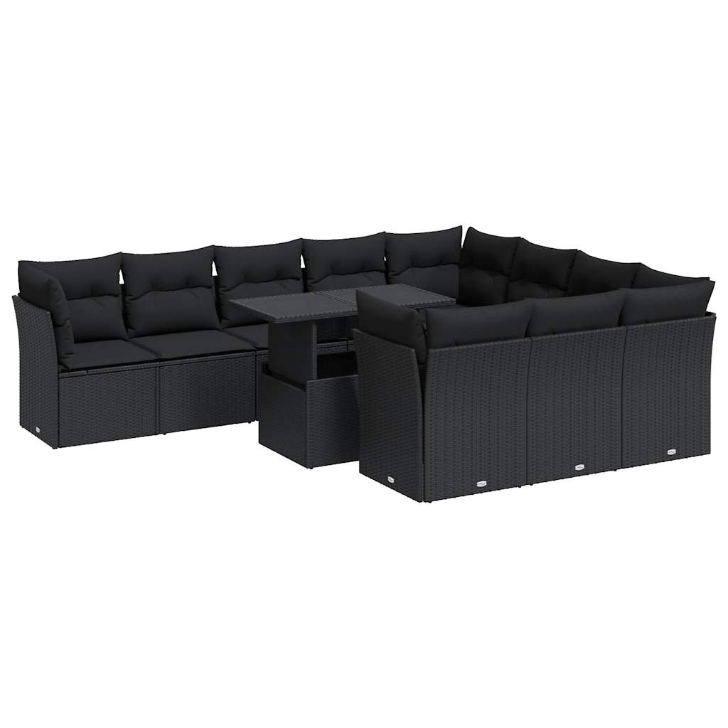 11-delige Loungeset met kussens poly rattan zwart