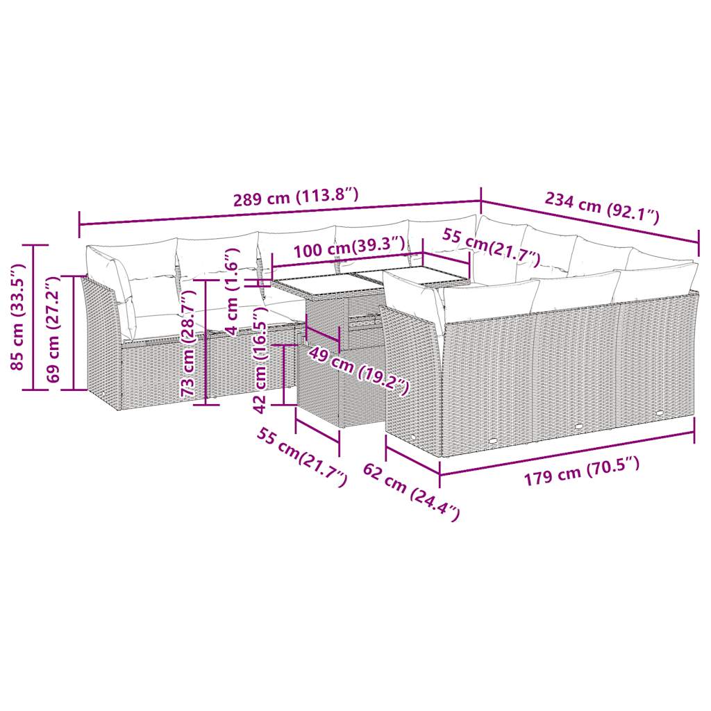 11-delige Loungeset met kussens poly rattan zwart