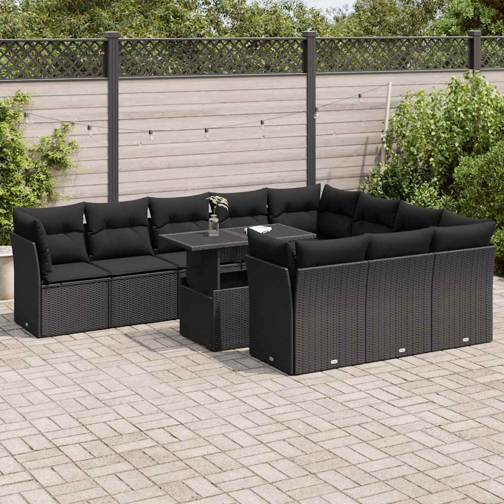 11-delige Loungeset met kussens poly rattan zwart